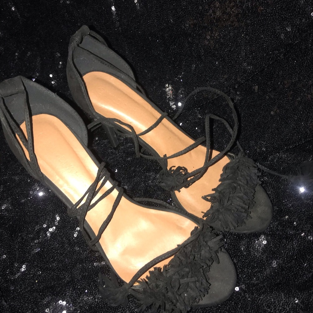 Suede fringe tassel lace up heels